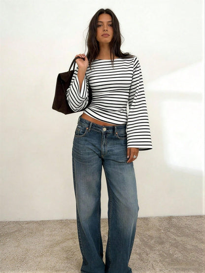 Striped Knit Crop Top Bell Sleeve Y2K Slim Fit