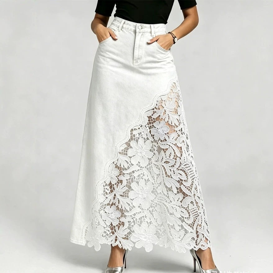 Women's Denim Lace Patchwork Maxi Skirt