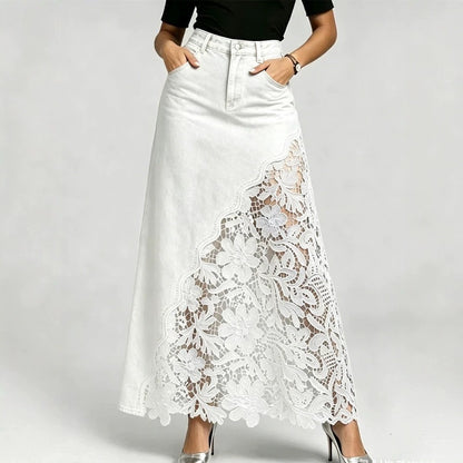 Women's Denim Lace Patchwork Maxi Skirt