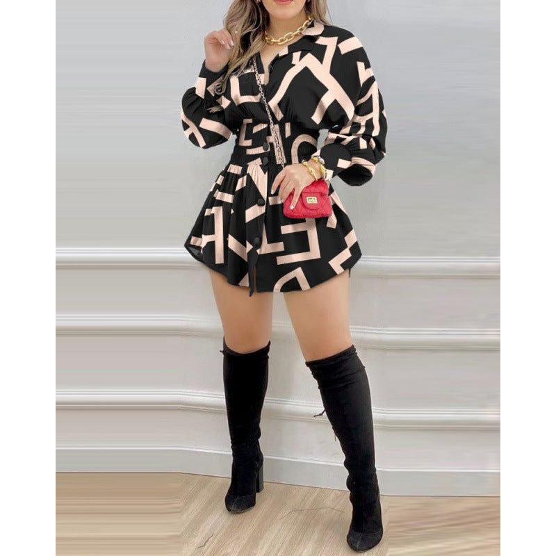 Women's Printed Smocked Waist Long Sleeve Shirt Dress