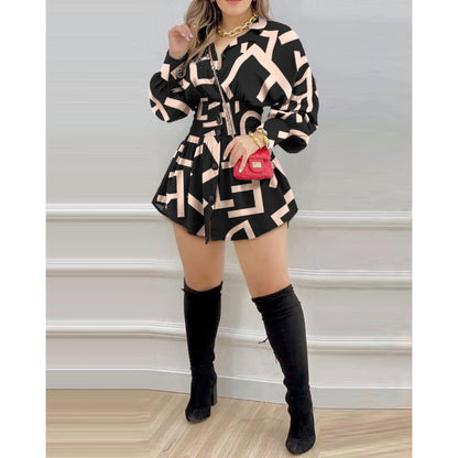 Women's Printed Smocked Waist Long Sleeve Shirt Dress
