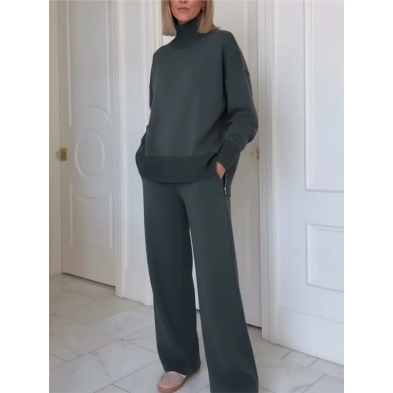 Solid Turtleneck Sweater Wide Leg Pants Lounge Set