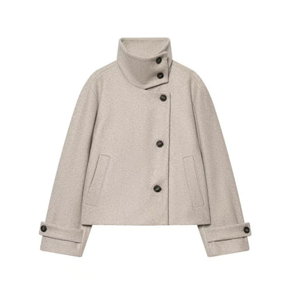 Women's Oversized Stand Collar Wool Blend Cropped Jacket
