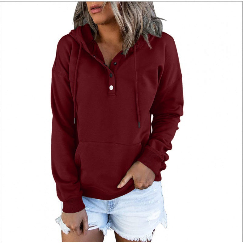 Women's Henley Hoodie Button Drawstring Pocket Pullover