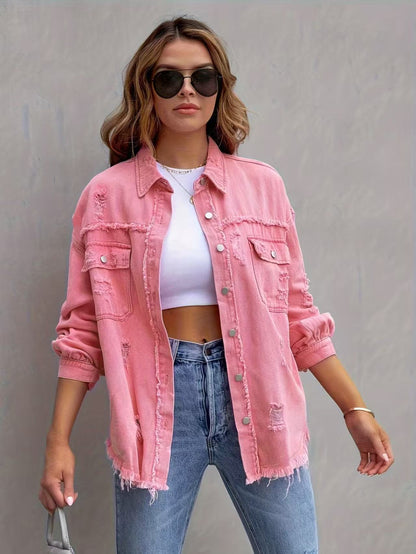 Hot Pink Distressed Denim Jacket Oversized Button Down