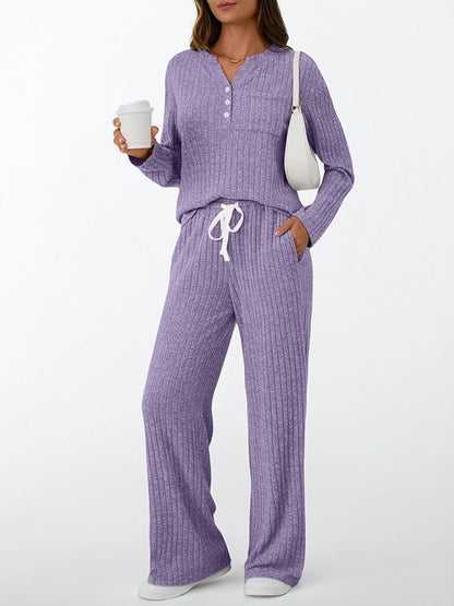 Women's Ribbed Henley Lounge Set Wide Leg Pants 2Pc