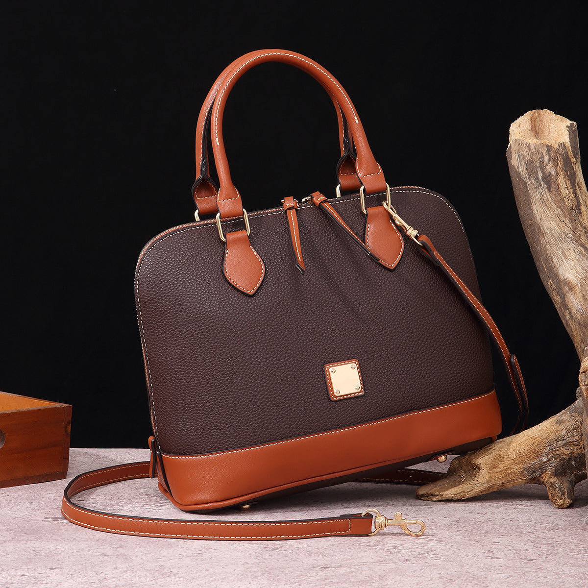 Vintage Pebbled PU Leather Dome Satchel Handbag