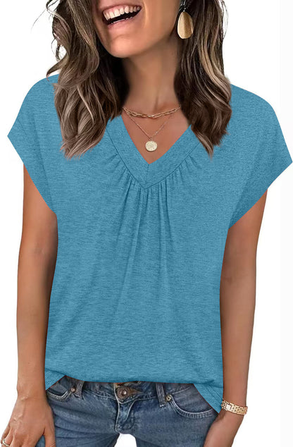V-Neck Loose Fit Top – Casual Summer Short Sleeve Tee
