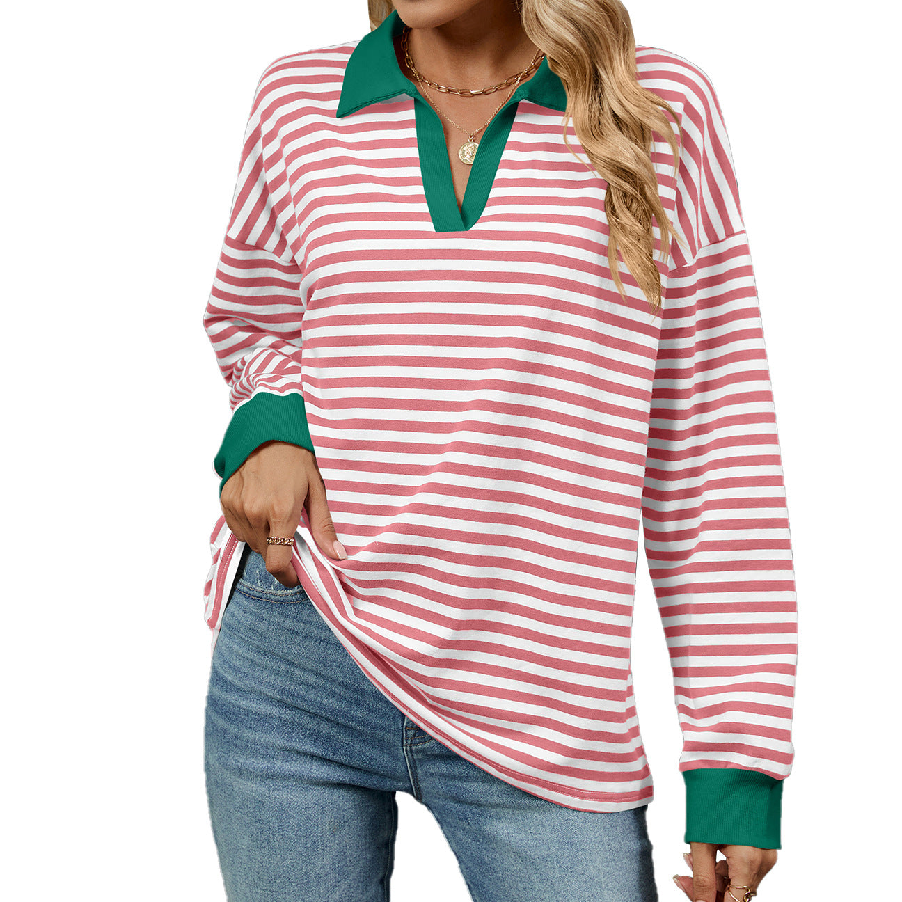 Women's Oversized Striped Collared Sweatshirt Pullover