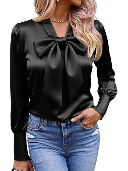 Women's Satin Bow Tie Blouse Puff Long Sleeve Top