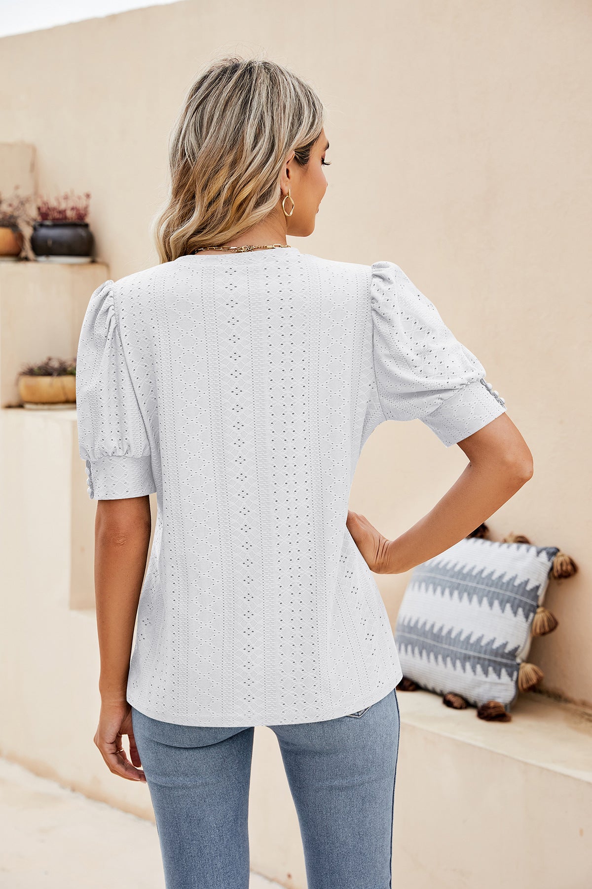 Sweet Puff Sleeve Shirt with Embroidered Cutouts