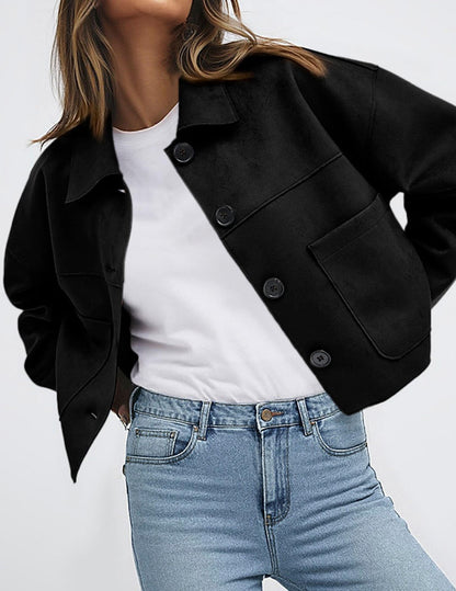 Faux Suede Cropped Button Front Jacket with Pockets