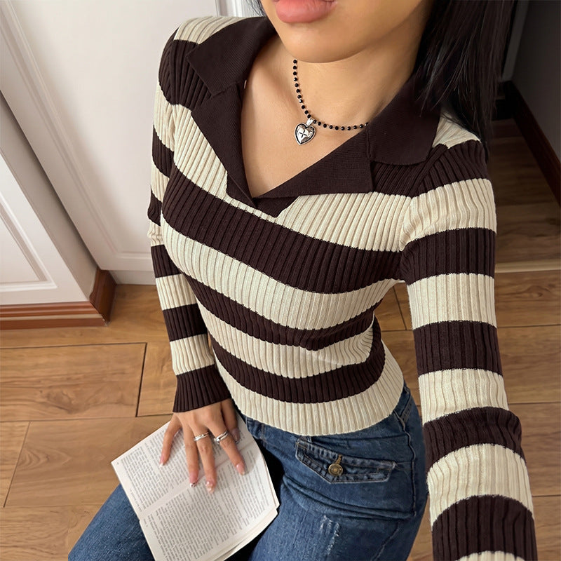 Striped Ribbed Polo Collar Slim Fit Knit Sweater