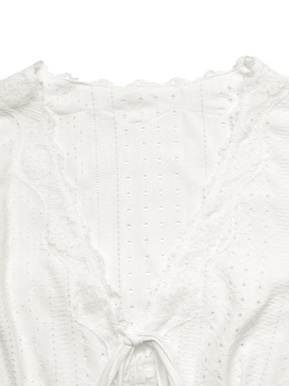 Tie Front Lace V-Neck Fitted Long Sleeve Top