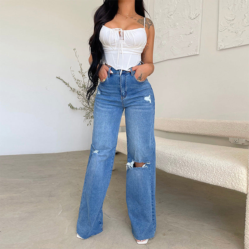 Women's High Waisted Ripped Wide Leg Jeans Raw Hem