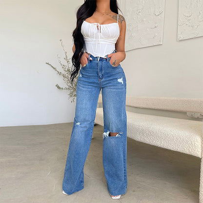 Women's High Waisted Ripped Wide Leg Jeans Raw Hem