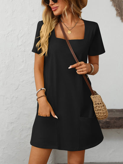 Square Collar Short-Sleeve Casual Pocket Dress