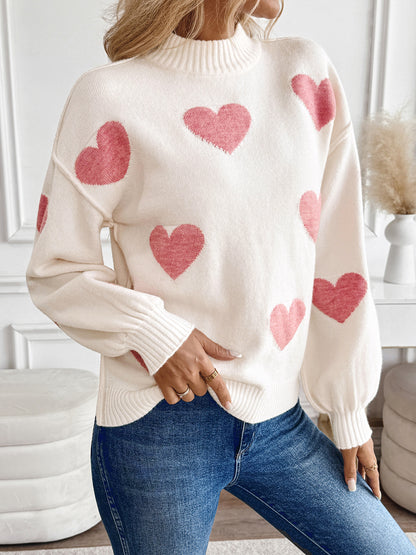 Valentine Heart Pattern Turtleneck Knit Sweater