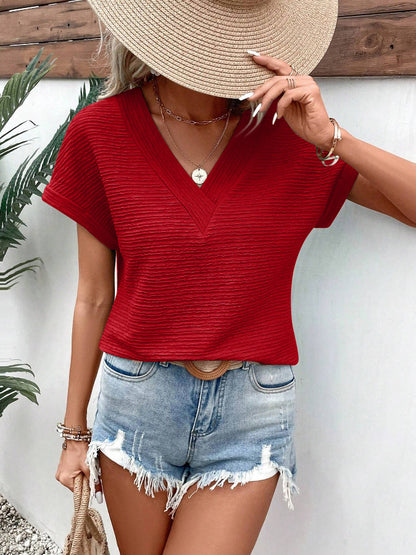 Textured V Neck Short Sleeve Top for Summer Women