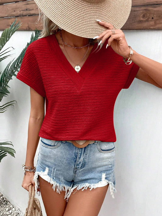 Textured V Neck Short Sleeve Top for Summer Women