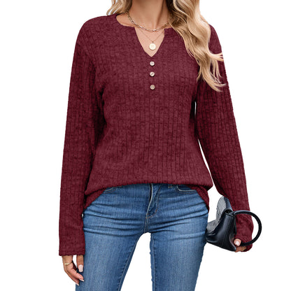 Women's Waffle Knit V Neck Button Long Sleeve Oversized Top