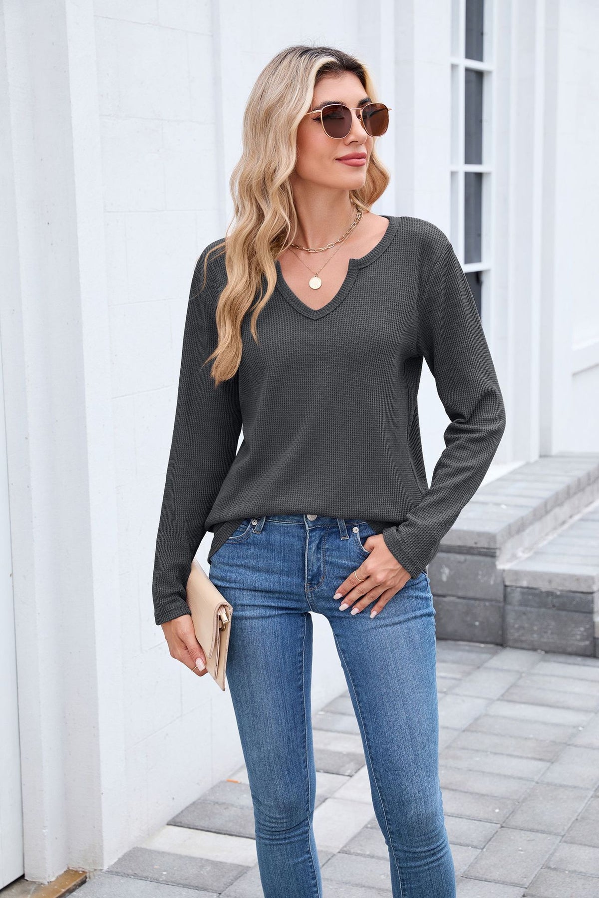 Women's Waffle Knit V-Neck Long Sleeve Loose Fit Top