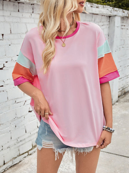 Colorblock Cotton Tee Loose Crew Neck Short Sleeve