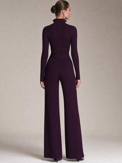 Women's Ribbed Knit Half Zip Wide Leg Jumpsuit