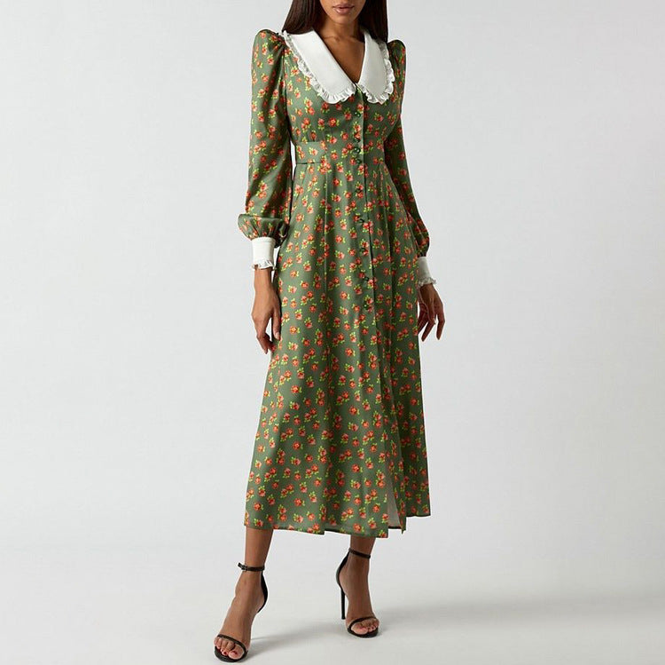 Floral Maxi Dress Long Sleeve Peter Pan Collar Button Front