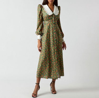 Floral Maxi Dress Long Sleeve Peter Pan Collar Button Front