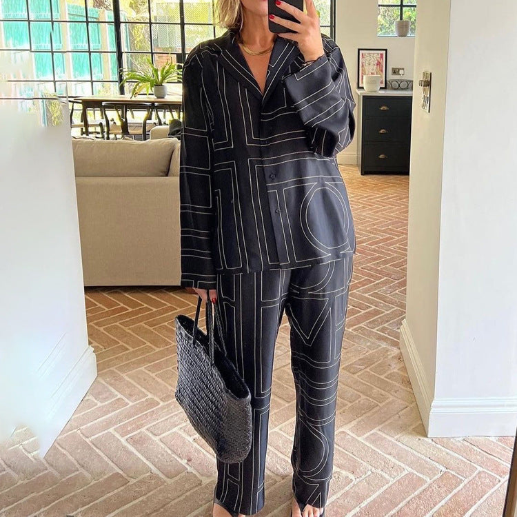 Women Satin Letter Print Lounge Set Button Shirt & Pants