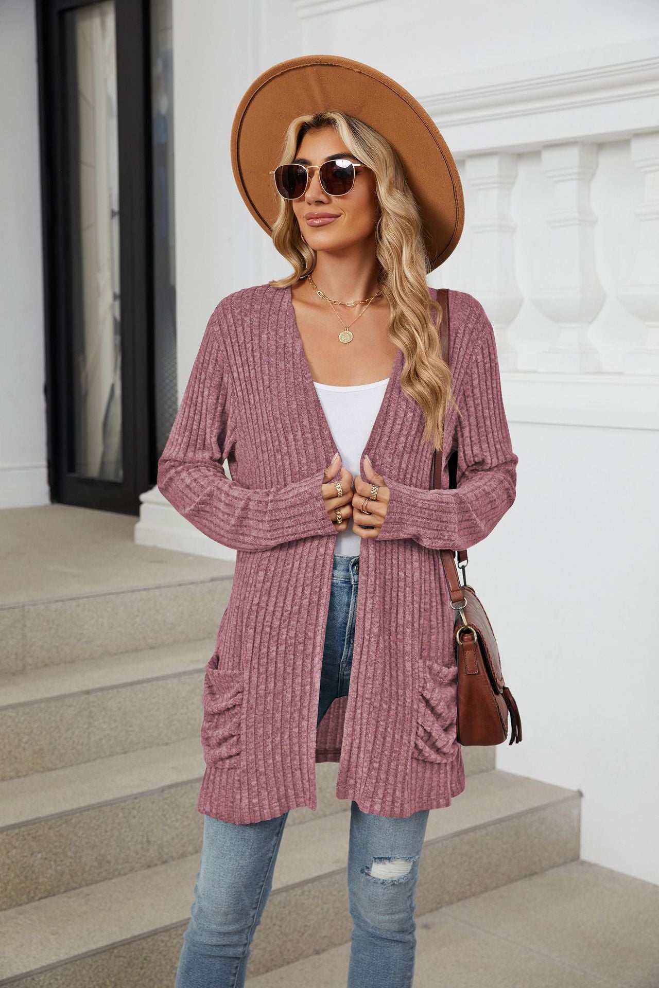 Simple Pocketed Long Sleeve Cardigan Knit Top