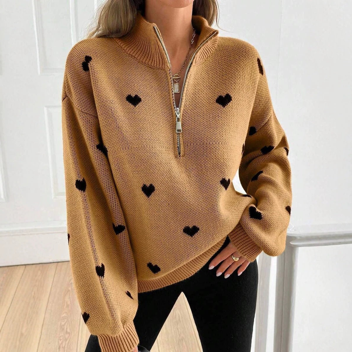 Women's Oversized Heart Print Quarter Zip Knit Sweater