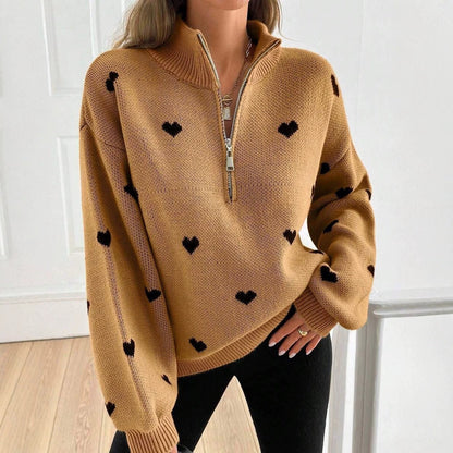 Women's Oversized Heart Print Quarter Zip Knit Sweater
