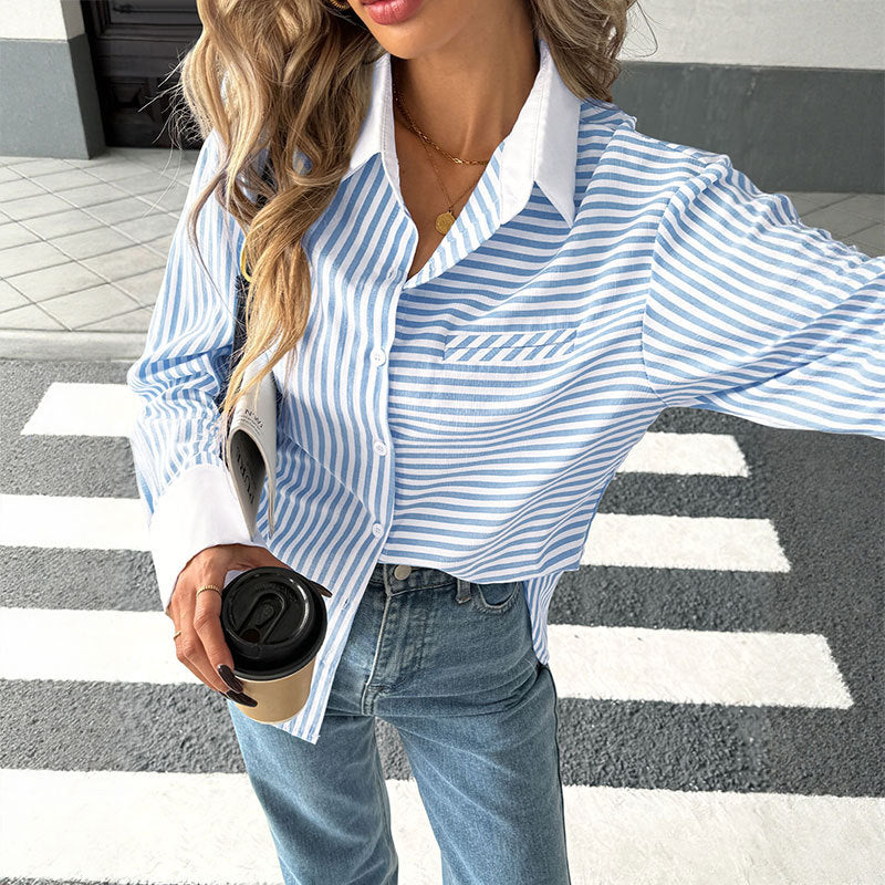 Striped Button Down Shirt Colorblock Collar Oversized Blouse