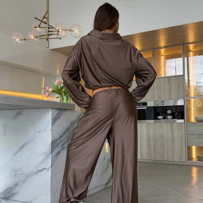 Women's Satin Zip Up Jacket Wide Leg Pants Two Piece Set
