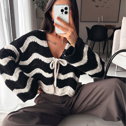 Women's Striped Tie Front Fuzzy Cardigan Sweater