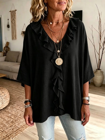 Women's Ruffle V Neck 3/4 Sleeve Casual Blouse Top