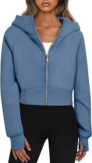 Women's Cropped Zip Up Hoodie Fleece Long Sleeve Jacket