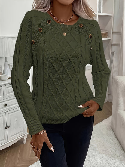 Women's Oversized Cable Knit Button Crew Neck Sweater