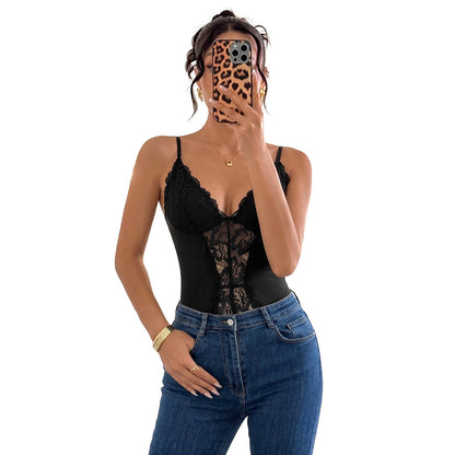 Sexy Lace Spaghetti Strap Bodysuit V-Neck Slim Fit Top
