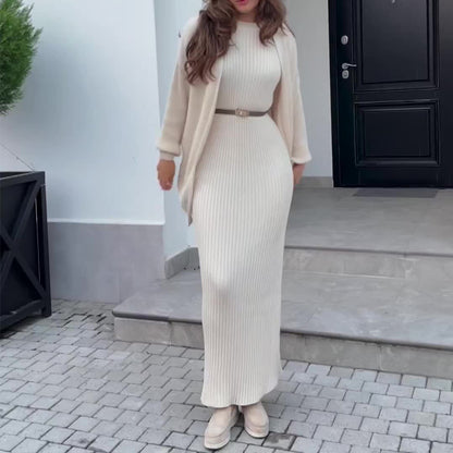Women's Ribbed Knit Maxi Dress & Cardigan Belted Set