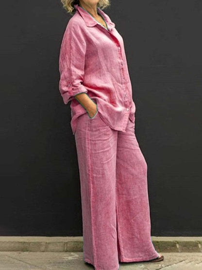 Women's Cotton Linen Shirt & Wide Leg Pants Matching Set