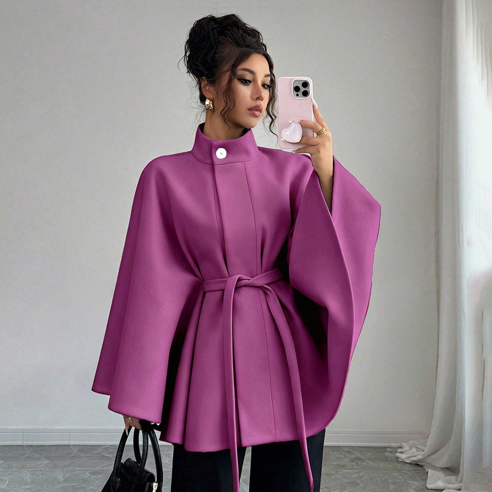 Women's Belted Cape Coat Stand Collar Wool Jacket