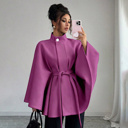 Women's Belted Cape Coat Stand Collar Wool Jacket
