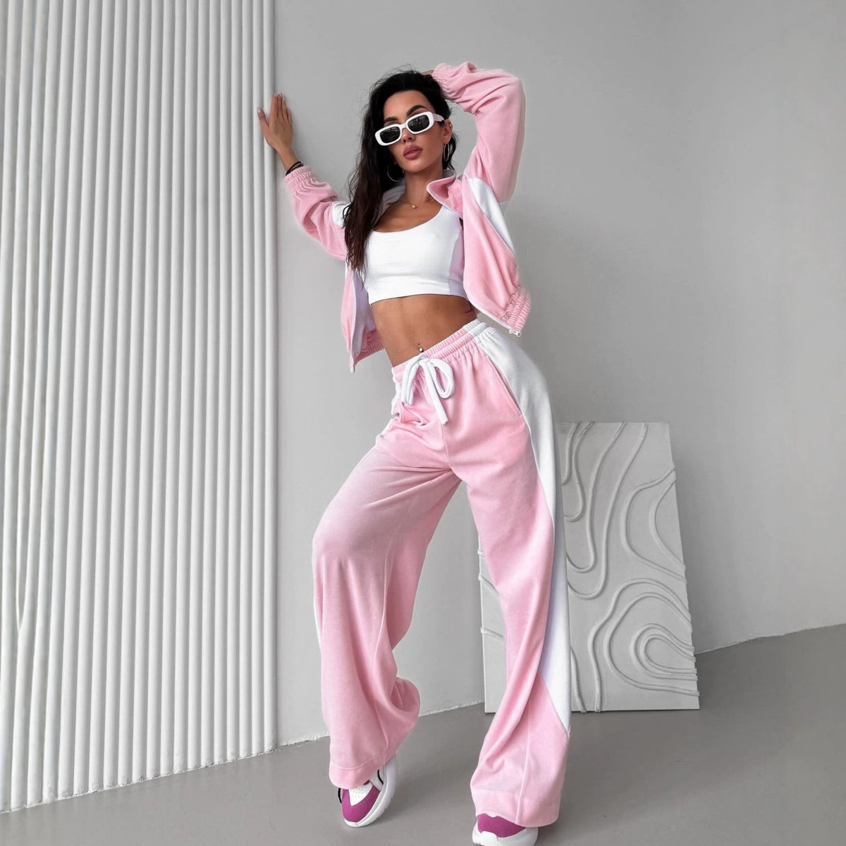 Velvet Tracksuit Color Block Zip Jacket Pants Set