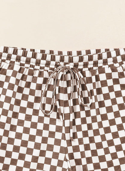 Rose Red Checkerboard Tee and Drawstring Shorts Set