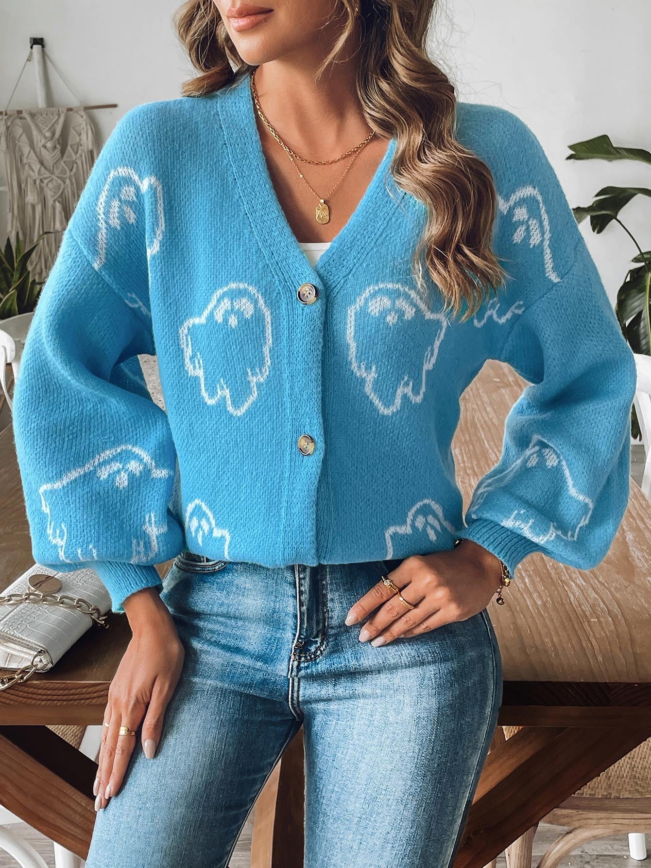 Halloween Ghost Print V-Neck Cardigan | Cozy Knit Sweater