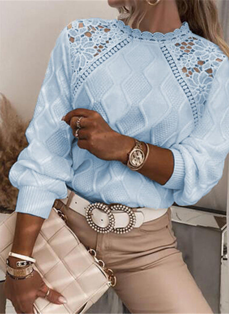 Women's Lace Shoulder Cable Knit Pullover Sweater