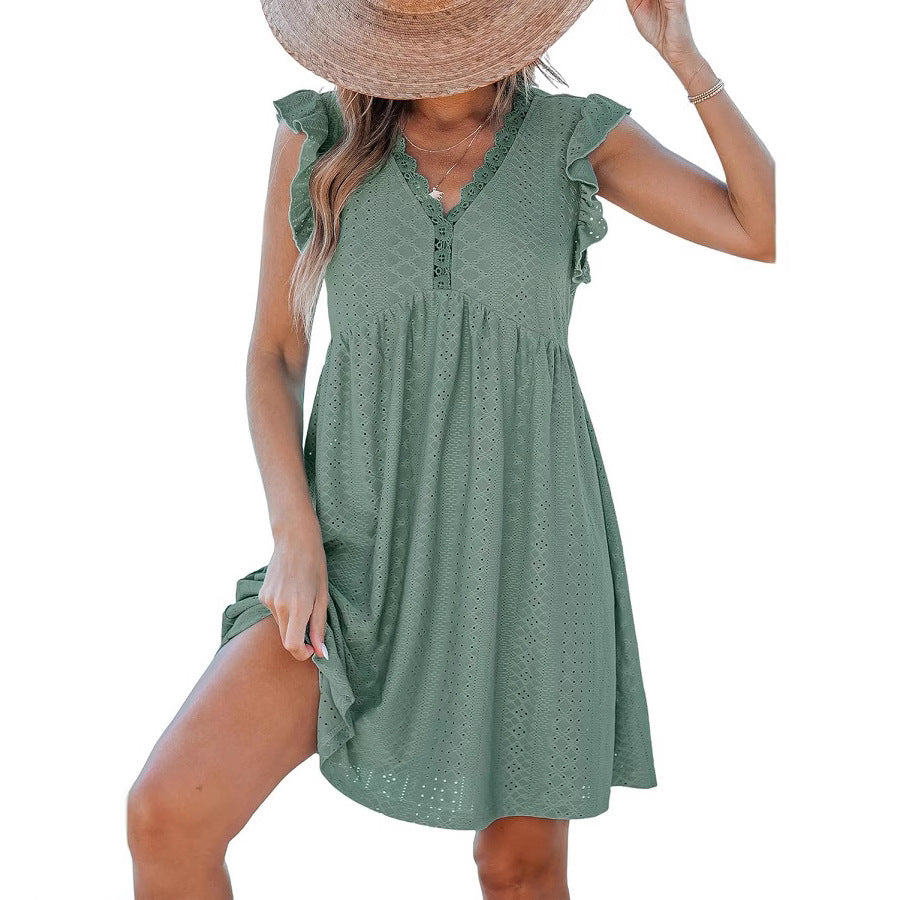Lace Trim V Neck Eyelet Babydoll Dress for Women
